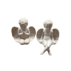 Set Of 2 White Ceramic Angel Figurines With Wings - Sitting & Praying Design